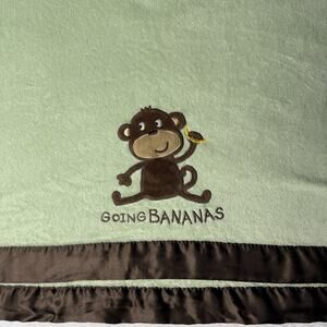 Vtg Carters Green Monkey Baby Blanket Security Lovey Going Bananas Brown Satin